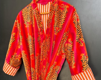 Szlafrok kimono z aksamitu z nadrukiem tygrysa: kimono na poranną herbatę z mieszanki bawełny
