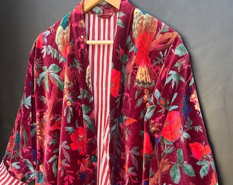 Bird Print Velvet Kimono Robes, Wine Color Morning Tea Velvet Coat, Bridesmaid Robe Women Wear Cotton Velvet robe Velvet Jacket, Bridal Robe