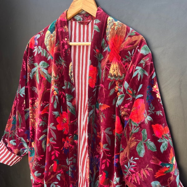 Robes kimono en velours imprimé oiseaux, manteau en velours couleur bordeaux, thé du matin, robe de demoiselle d'honneur femmes portent une robe en velours de coton veste en velours, robe de mariée