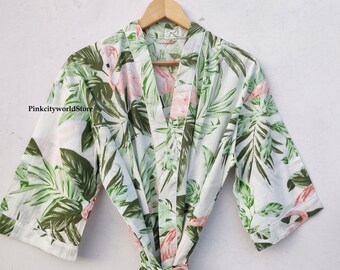 Szlafrok kimono z bawełny z nadrukiem ręcznym: Szlafrok z nadrukiem flamingów