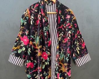 Ręcznie robiony aksamitny szlafrok kimono z nadrukiem ptaków: bawełniany płaszcz żakietowy