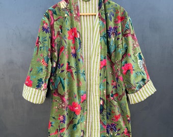 Szlafrok kimono z aksamitu z nadrukiem ptaków: płaszcz poranny z aksamitu bawełnianego