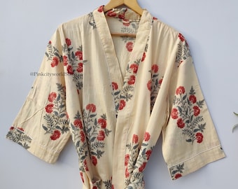 Hand Block Print Roben, Brautjungfer Kimono Robe, Blumen Kimono, Braut Kimono, indisches Blumenkleid, indische Blumen Robe, gedruckt Bio