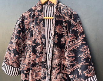 Ręcznie robiony szlafrok kimono z bawełnianego aksamitu: szlafrok ślubny z kwiatowym nadrukiem