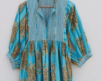 Sukienka midi z bawełny z nadrukiem tygrysa, letni nadruk blokowy