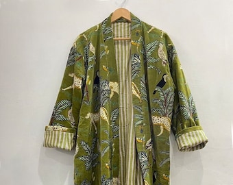 Green Jungle Print Velvet Kimono Robes, Morning Tea Velvet Coat, Bridesmaid Robe, Women Wear Cotton Velvet robe, Velvet Jacket, Bridal Robe