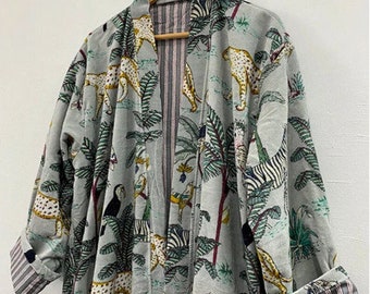 Grey Jungle Print Velvet Kimono Robes, Morning Tea Velvet Coat, Bridesmaid Robe, Women Wear Cotton Velvet robe, Velvet Jacket, Bridal Robe
