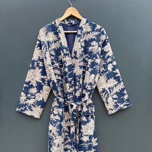 Hand Block Print kantha jacket Japanese kimono style Beach wear bohemian kantha robe winter jacket
