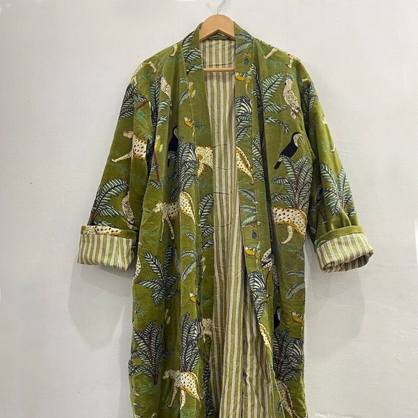 Robes kimono en velours à imprimé jungle verte, manteau en velours Morning Tea, robe de demoiselle d'honneur, robe en velours de coton pour femmes, veste en velours, robe de mariée