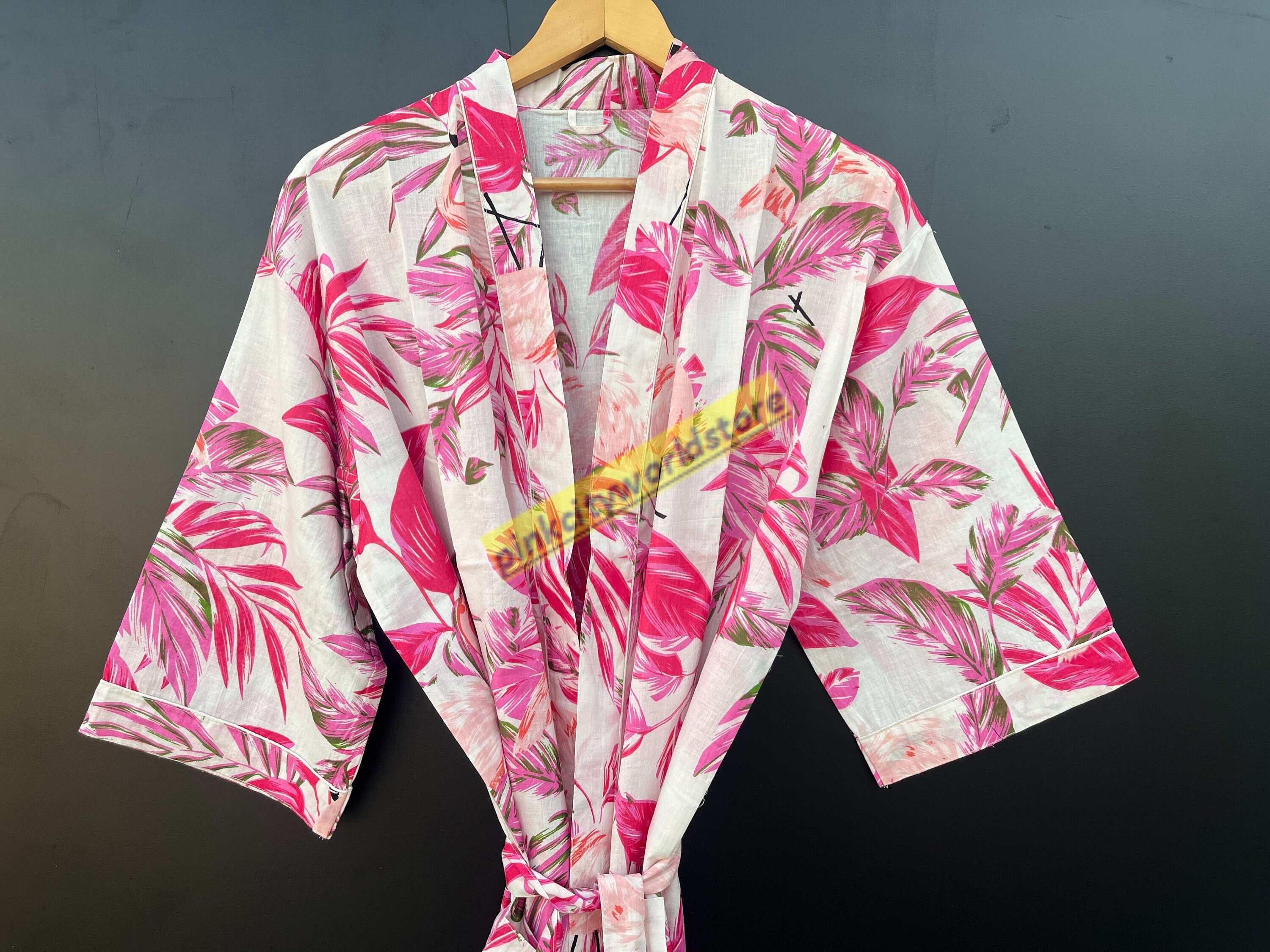 Flamingo Print Bath Robe Kimono Hand Block
