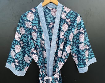 Hand Block Print Kimono Robe, Cotton Bathrobe, Lightweight Cotton Robe, Cotton Dressing Gown, Floral Kimono, Wood Block Printed, Midi Robe