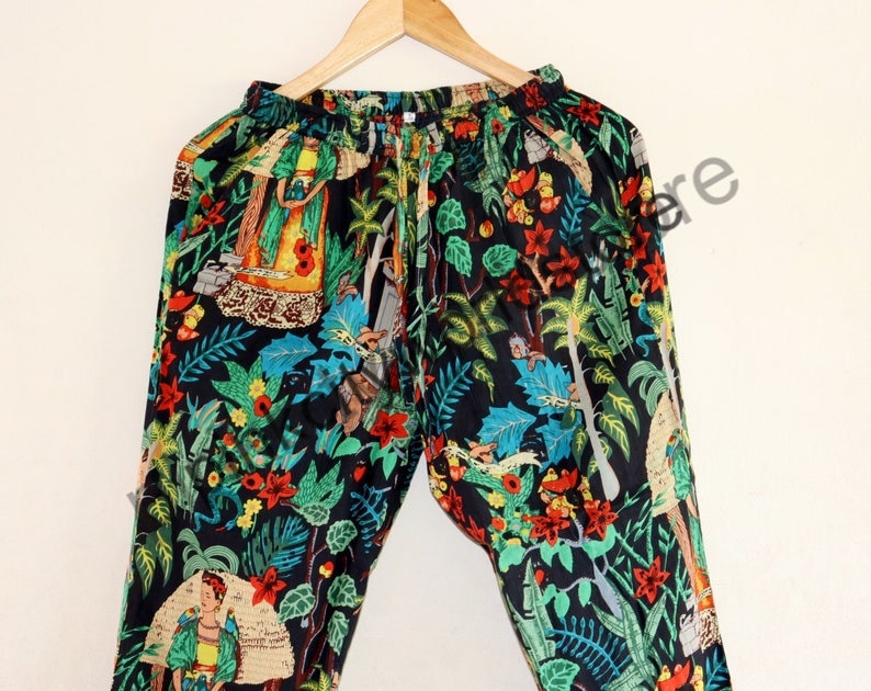 Black Frida Print Cotton Pajama Pants: Boho Lounge Trousers