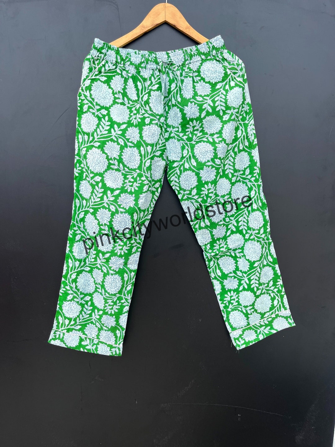Green Floral Print Cotton Pajama Pants Women Lounge Pants Etsy
