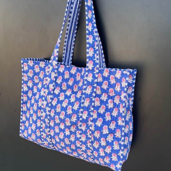 Handmade Quilted Tote Shopping Bag, Floral Print Cotton Market Bag, Jhola Bag, Hippie Bag, Market Bag Reversible Carry Bag, Beach Bag