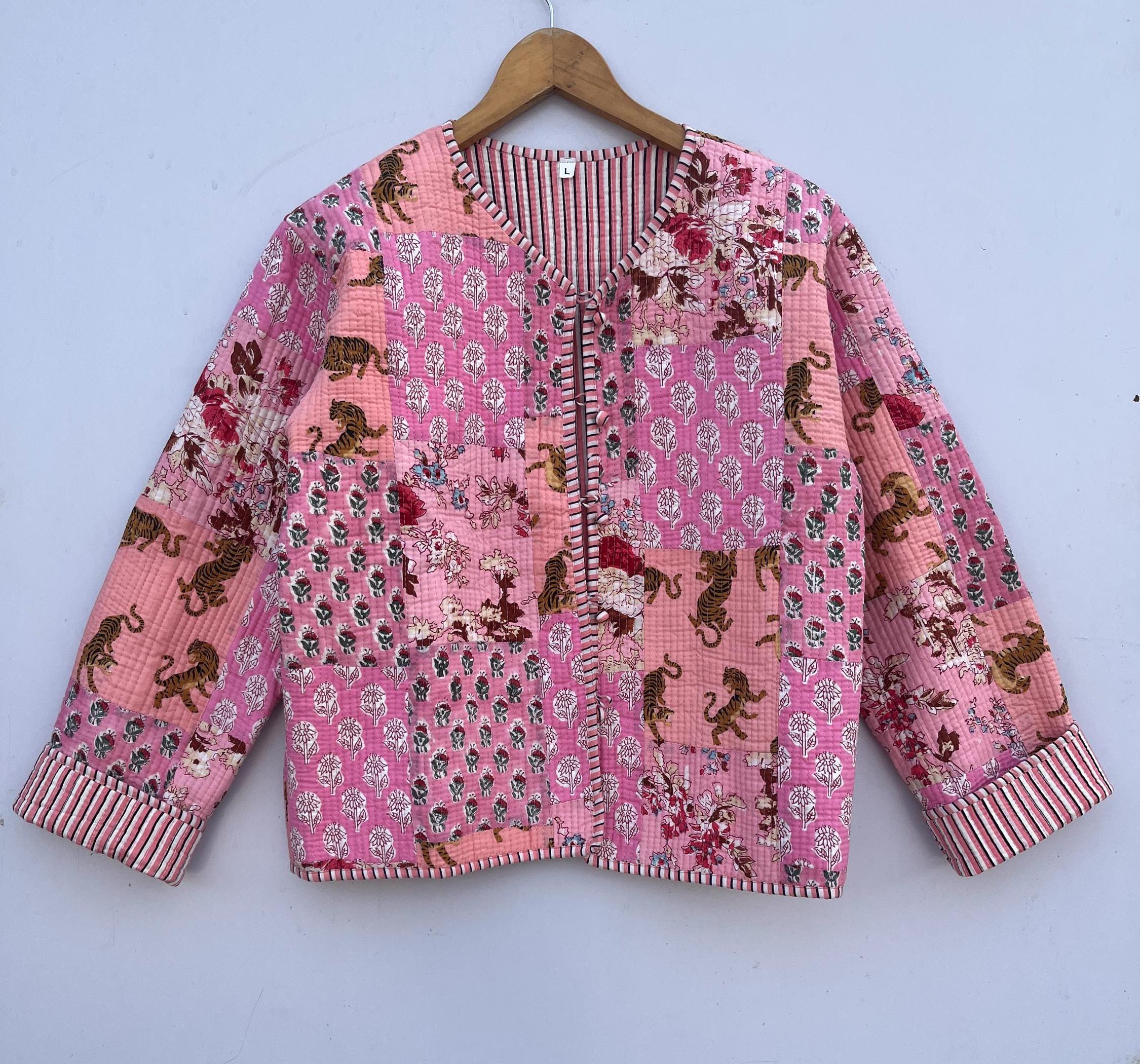 Cotton Women's Quilted Jacket Block Printed Boho Style Quilted Handmade Jackets, Coat Holidays Gifts, Button Closer Jacket for Women Gifts