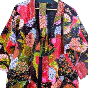 Custom Colorful Floral and Jungle Print Kantha Robe Long Short Robe Sweater Jacket Hippie Festival Bohemian Boho Made in India