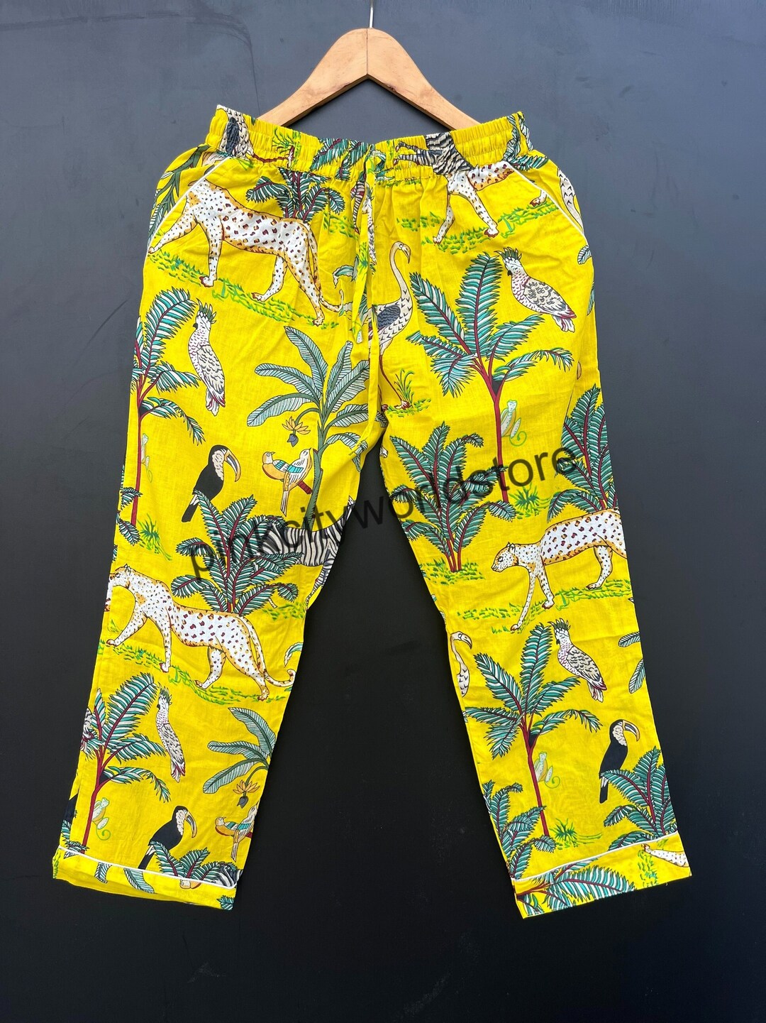 Safari Jungle Print Cotton Pajama Pants, Women Lounge Pants, Beach