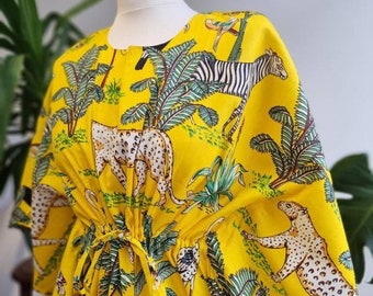 Safari Ungle Tiger Hand Block Bedruckt Baumwolle Kaftan Indische Tunika Sommer Kleidung Strand Tragen Umstandskleid Party Tragen Kleid