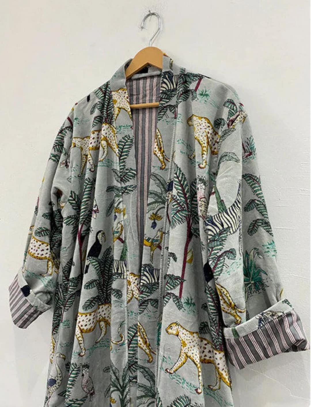 Grey Jungle Print Velvet Kimono Robes, Morning Tea Velvet Coat ...