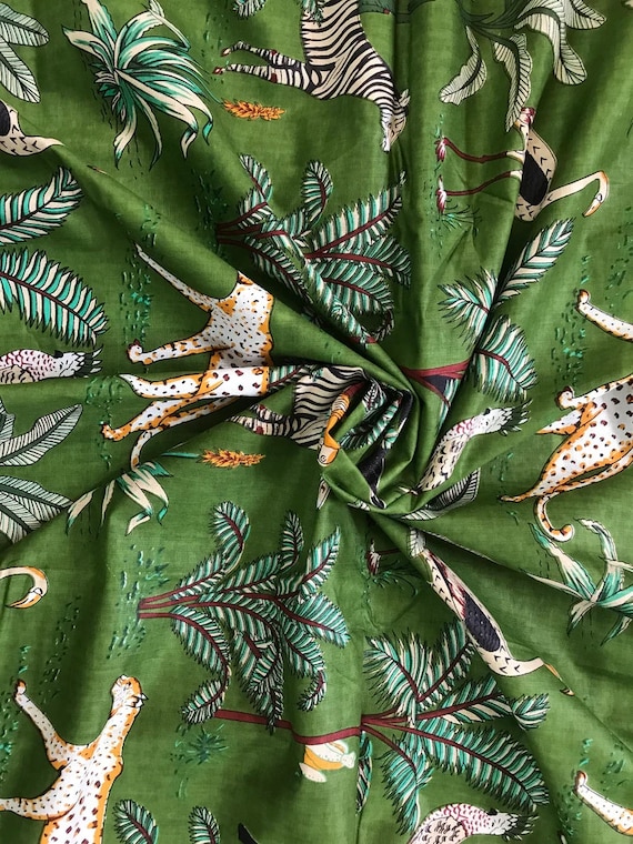 Green Floral Cotton Fabric: Eco-Friendly Jungle Print, 40 Inch Wide
