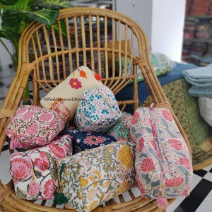 Handgemaakte katoenen toilettas met blokprint: waterdichte make-uptas voor op reis