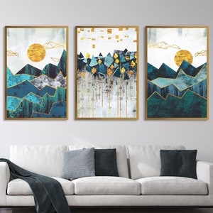 Nordic Mountain Landscape Wall Art Prints, Set Of 3 Modern Luxury Canvas Framed Abstract Nature Geometric Mountain Poster