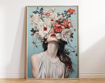 Impresión elegante de niña de las flores con enredaderas, arte abstracto floral azul verdoso, impresión de arte de belleza femenina, póster artístico de retrato de niña de cabello florido