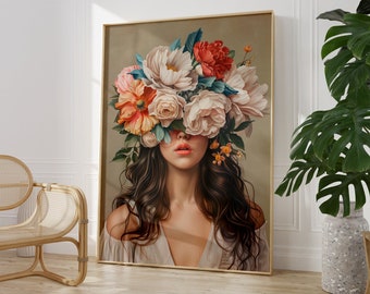 Abstract Flower Woman Poster, Earthy Floral Girl Abstract Art, Elegant Feminine Beauty Artwork, Flower Hair Girl Modern Art For Living Room