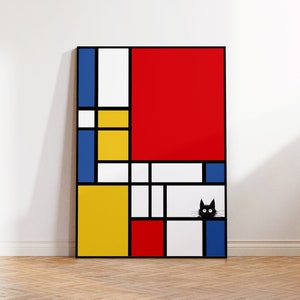 Stampa artistica geometrica Mondrian Kitty, divertente arte astratta moderna con colori primari e linee nere, divertente arte murale contemporanea per casa o ufficio
