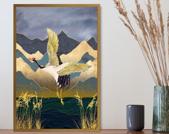 Cópia do cartaz do guindaste voador para casa, arte colorida da parede da natureza da paisagem, cartaz floral emoldurado pintura elegante da imagem do pássaro