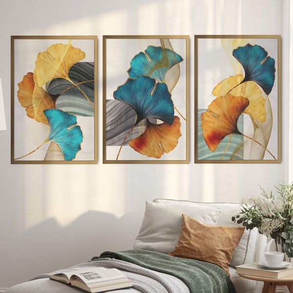 Gingko Leaf Canvas Art Blue Gold Leaves Set of 3 Nordic Wall Art Prints For Living room Botanical Tropical Green Leaf Scandinavian