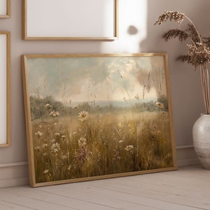 Wildflower Field English Meadow Landscape Print, Vintage Landscape Art Print, Countryside Wall Art, Framed Art, Oil paint style Canvas