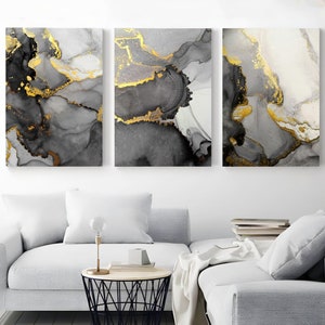 Black and Gold Marble Wall Art Set of 3 Grey and Gold Canvas Prints For Living Room Framed Home Decor Gallery Wrapped