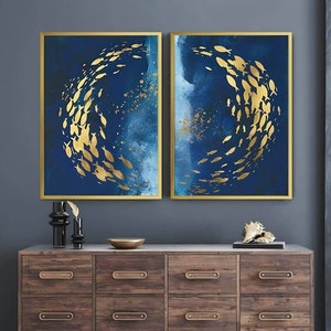 Gold Fish Wall Art Set of 2 Framed Minimalist Wall Art Prints Poster Abstract Canvas Painting Home Decor