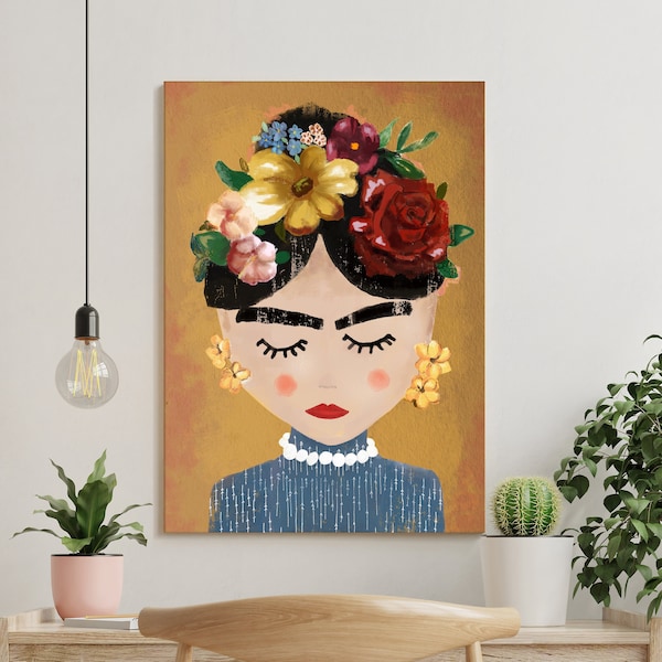 Frida Kahlo Poster, bunte Aquarell gerahmte Wandkunst, Blumen Porträt, Wohnkultur, Mexikanisch, Spanisch, Bild, Malerei, Künstler