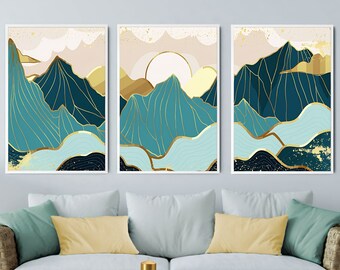Nordic Landscape Canvas Set Of 3, Modern For Living Room Wall Decor, Geometric Framed Print Wall Art Poster Abstract Mountain