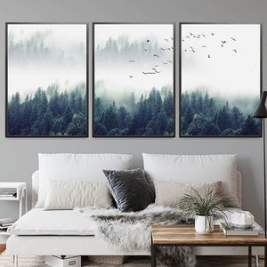 Nordic Forest Mountain Prints, Set of 3 For Living Room, Framed Wall Art, Nordic Photography 3 piece set Fog Nature Photo Landscape