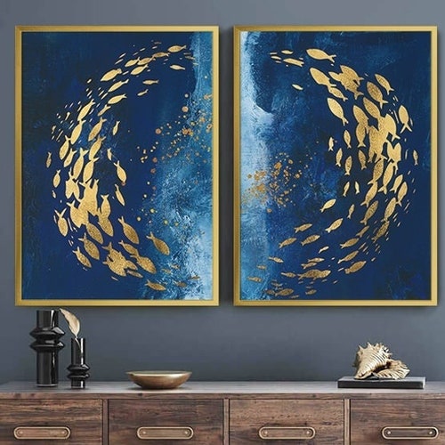 Navy Blue and Gold Wall Art Set of 3 Prints Abstract Art Etsy