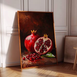 Vintage Pomegranate Fruit Wall Art Rustic Kitchen Decor Country Farmhouse Vintage Pomegranate Painting Red Pomegranate Moody Oil Painting