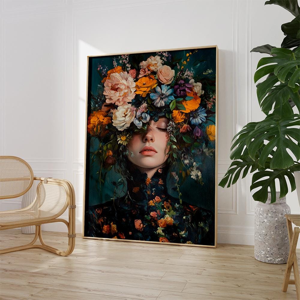 女性の肖像画アート、花の女性の絵画、花の女性のアート、女性の絵画