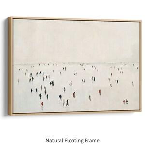 May include: A minimalist painting of a crowd of people walking on a white, snowy landscape. The painting is done in muted tones of gray, black, and red.