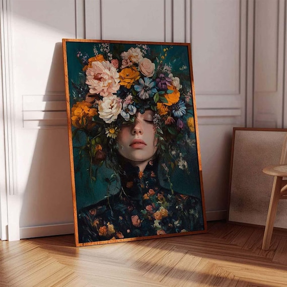 女性の肖像画アート、花の女性の絵画、花の女性のアート、女性の絵画