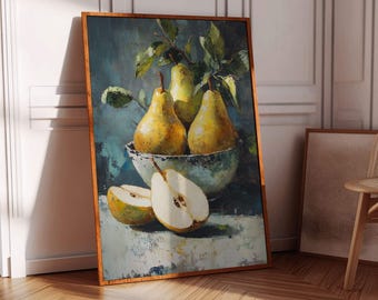 May include: A still life painting of four yellow pears in a blue and white bowl on a white tablecloth. The pears are arranged in a cluster, with two pears on top and two pears on the bottom. The pears are surrounded by green leaves. The painting is done in a realistic style, with a focus on the texture and color of the pears.