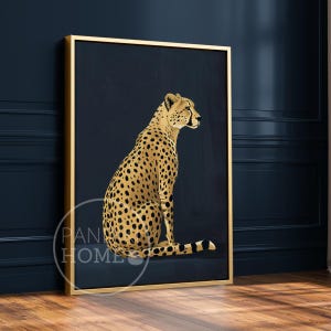 Stampa artistica di ghepardo giallo su blu, arte moderna blu intenso, stampa artistica di animali, arte contemporanea per la casa in stile massimalista, arte murale blu scuro