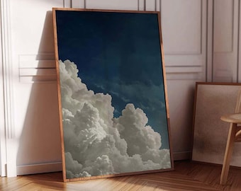 Golvende wolk muurkunst print, donkerblauwe muurkunst, minimalistische muurkunst, maximalistische woondecoratie, muurkunst voor slaapkamer, blauwe lucht muurkunst