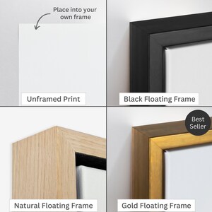 May include: Four framing options for a print: unframed, black floating frame, natural floating frame, and gold floating frame. The gold floating frame is labeled "Best Seller".