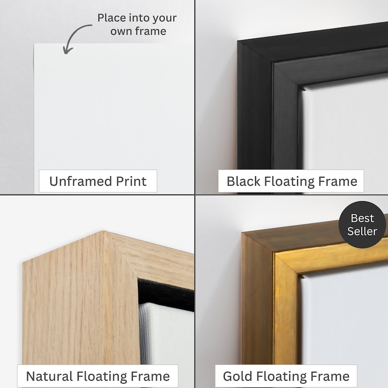 May include: Four framing options for a print: unframed, black floating frame, natural floating frame, and gold floating frame. The gold floating frame is labeled "Best Seller".