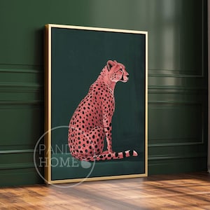 Pink Cheetah on Green Art Print, Emerald Green Modern Art, Animal Art Print, Contemporary Art for Maximalist Style Home, Dark Green Wall Art