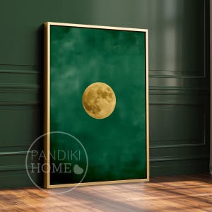 Smaragdgrün Goldener Mond Kunstdruck, Smaragdgrün Minimalistische Kunst, Goldener Kreis Mond Poster, dunkelgrüne Wandkunst
