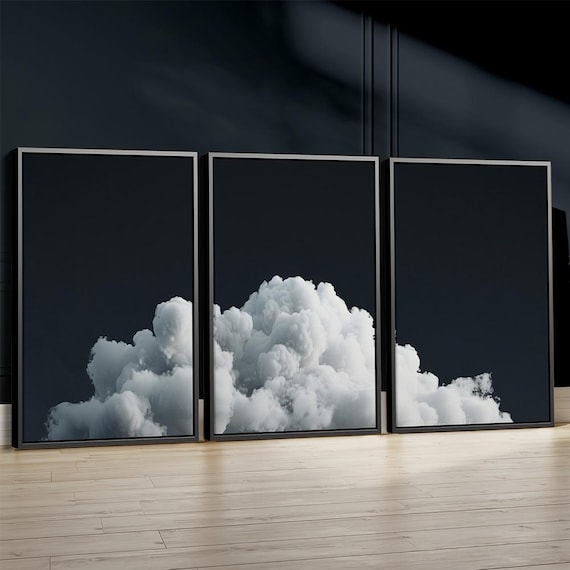 Dark Cloud Bedroom Wall Art Set of 3 Prints, White Cloud and Black